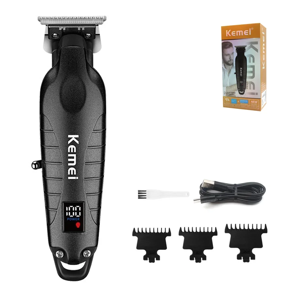 Kemei KM-2293 Full Metal Trimmer for Men Zero Gapped Finishing Machine DLC T-Blade Hair Trimmer Machine LED Haircut: GRAY