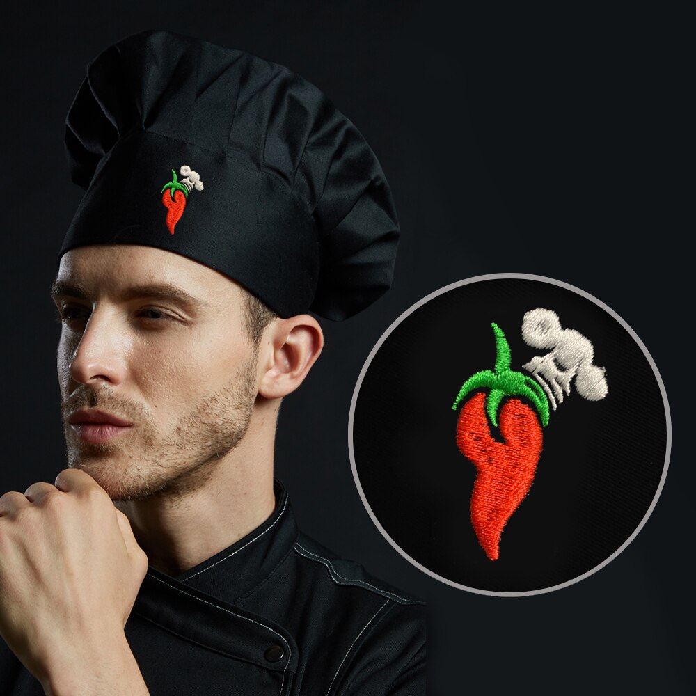Broderi kokke hat sort justerbar unisex mesh køkken madlavningsuniform hat hotel restaurant grill bager barbershop voksen kasket: 6