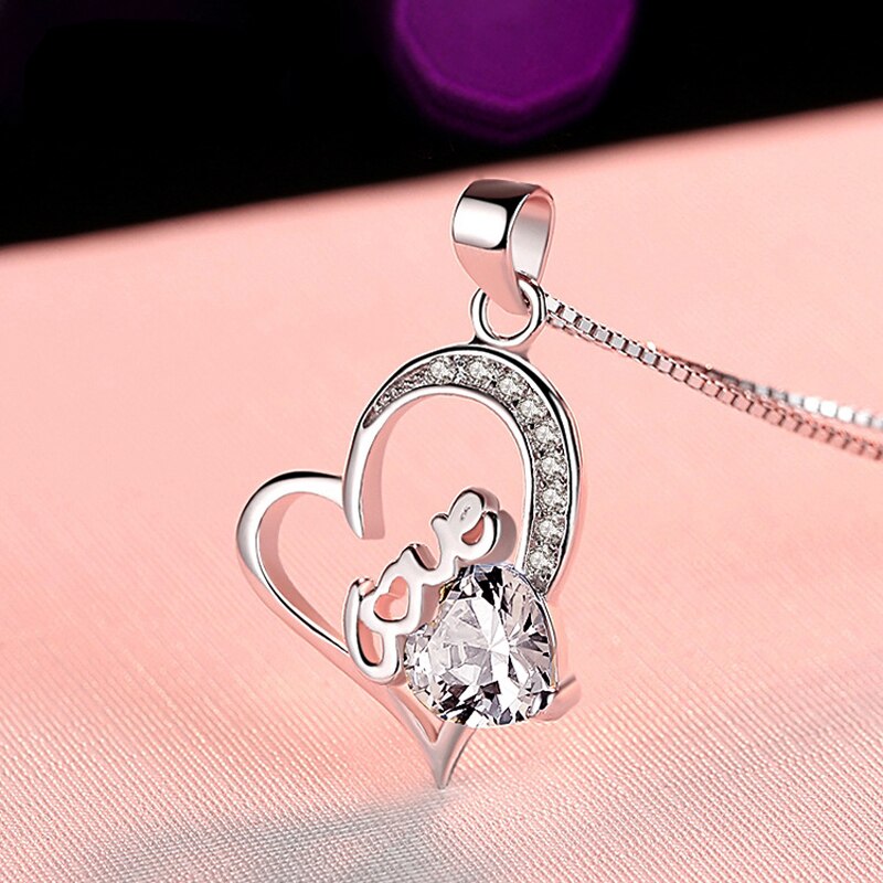 925 Sterling Silver Heart Zircon Pendant Necklace Purple Rhinestone Collarbone Chain Necklaces Women Jewelry