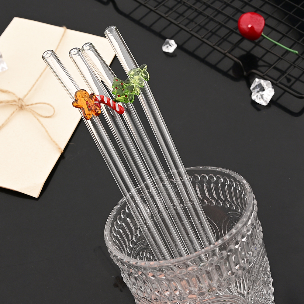 8 szt. Świąteczne Szklane Słomki robić Mleka, Herbaty, Soków, Koktajli z Szczoteczką, Zestaw Szklanych Słomek z Wysokiej Jakości Szkła Borokrzemowego, Akcesoria Kuchenne i Barowe