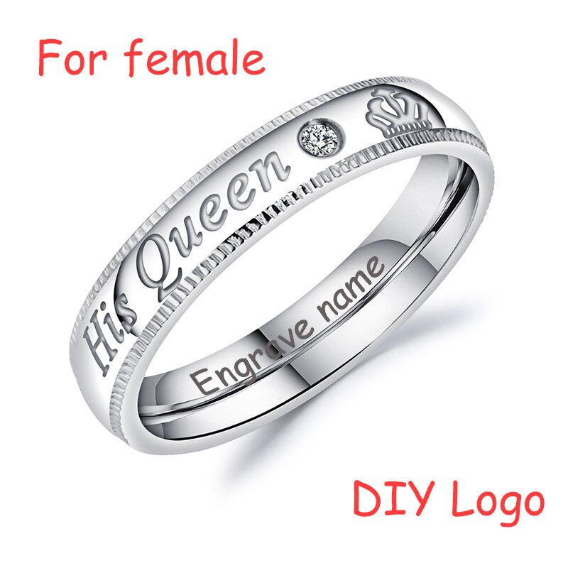 AZIZ BEKKAOUI DIY Engrave Name King & Queen Couple Rings Crown Silver Color Stainless Steel Rings Wedding Jewelry: 4 / diy name for women