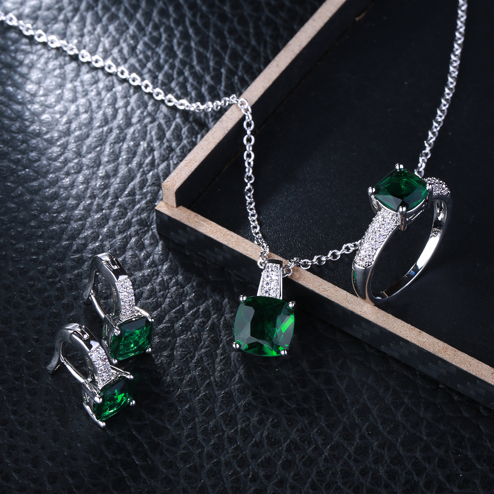 CC Jewelry Vintage Green Stone Earring Necklace Ring Jewelry Set For Women Sterling Silver Jewelry Wedding Party Bijoux CCAS109