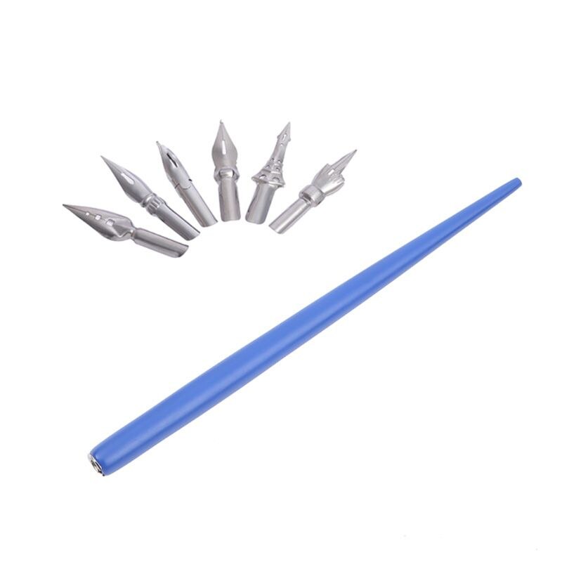 Wooden Manga Comic English Calligraphy Fountain Dip Pen with 6 Nibs Kit for Lettering Sketching Drawing: Royal Blue