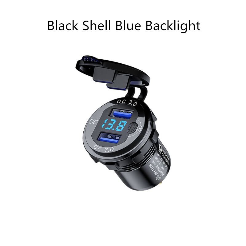 12V/24V Aluminum QC3.0 Dual USB Car Charger Fast Charge with Voltmeter Switch N0HC: Black