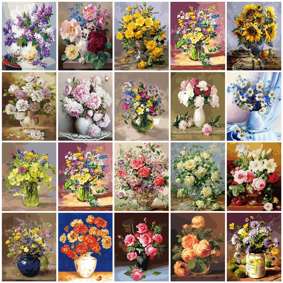 AZQSD 40x50cm Oil Painting By Numbers Flowers Pictures Paint By Number Canvas Vase Kits Painting For Living Room Home Decor