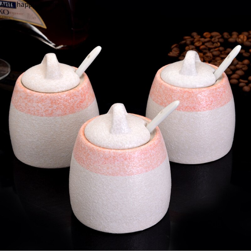 Japanese Seasoning Jar Set Kitchen Supplies Spice Jar Three-piece Set Ceramics Pink Seasoning Box Salt Shaker Spice Container
