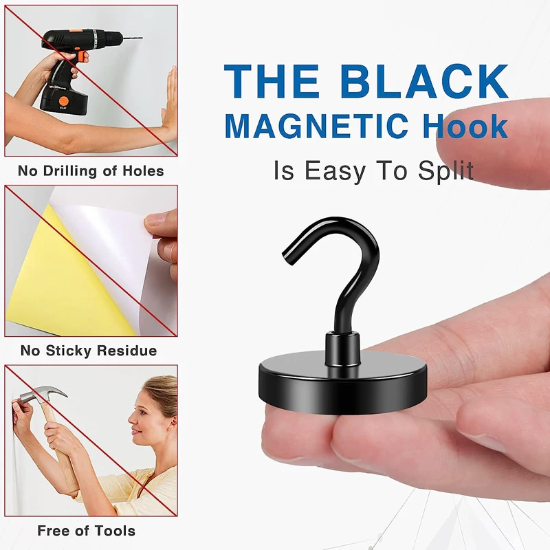 Black Magnetic Hooks Heavy 100Lb Duty Super Strong Neodymium Magnet Hooks with Epoxy Coating for Home, Kitchen, Workplace Office