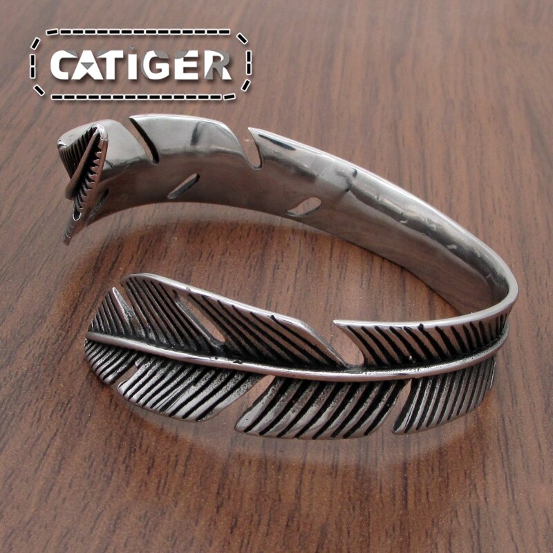 Brazalete abierto Vintage con forma de pluma de acero inoxidable 316L para hombre o mujer, joyería de Rock de estilo clásico Retro