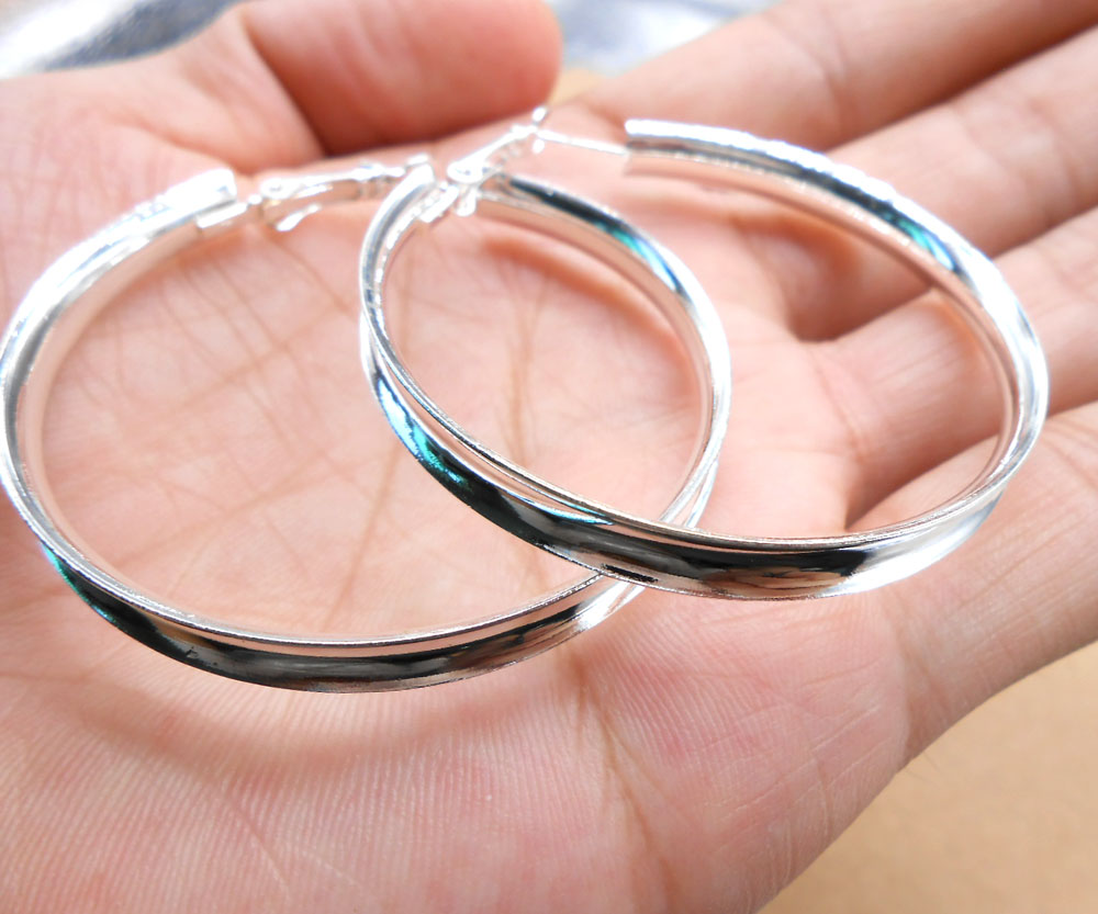 925 Zilveren Eenvoudige Gladde Oor Ring Grote 50mm Cirkel Vrouwelijke Oorbellen Mode DZ