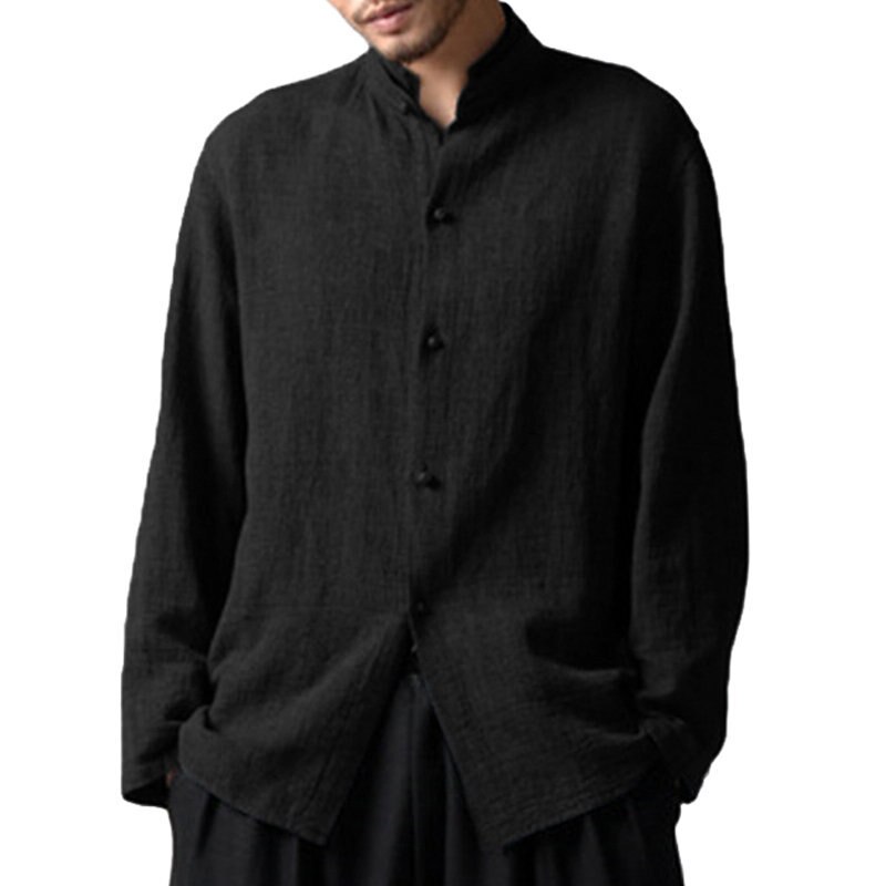 Camicia Lino Uomo Manica Corta Collo Mao - Leggera In Cotone E Canapa, Nero, Taglia 3XL, Casual Estiva