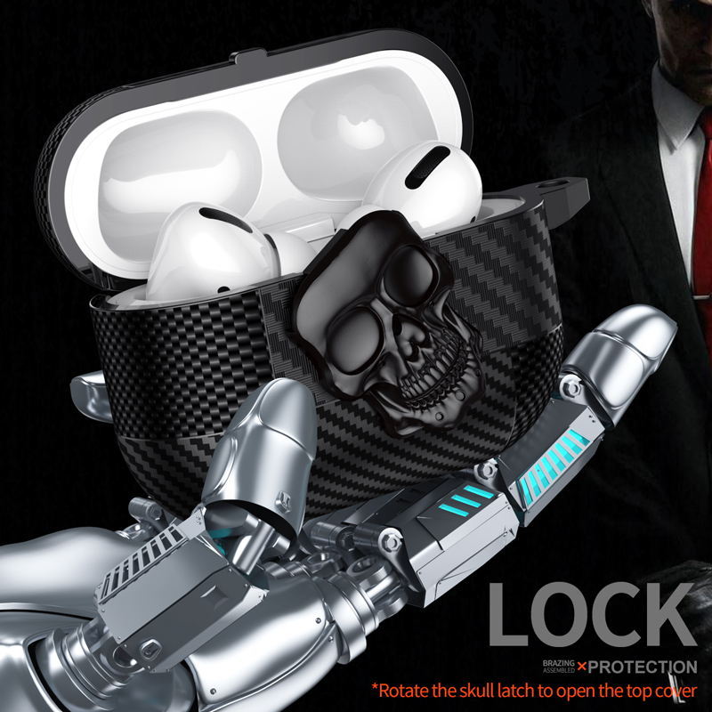 Pak Thug Skull Series Hoofdtelefoonhoes voor Airpods 4 Magnetische hoofdtelefoonhoes voor Airpods Pro 2 3 2 1 Koolstofvezelhoes met haak