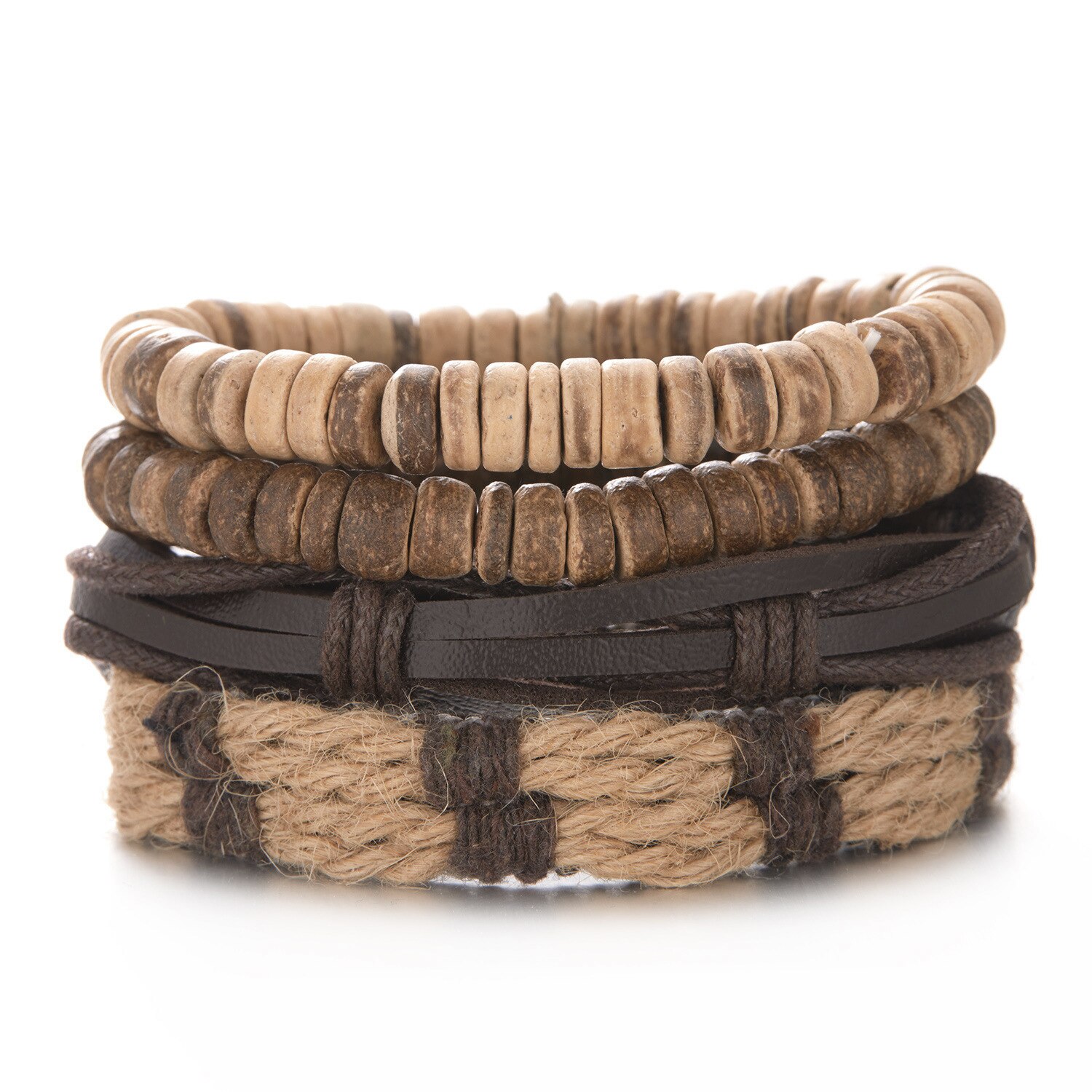 4 pezzi combinazione bracciale da uomo Set corda marrone perline di legno di cocco bracciali in pelle intrecciata per uomo regalo gioielli Pulsera Hombre: BR22Y0036