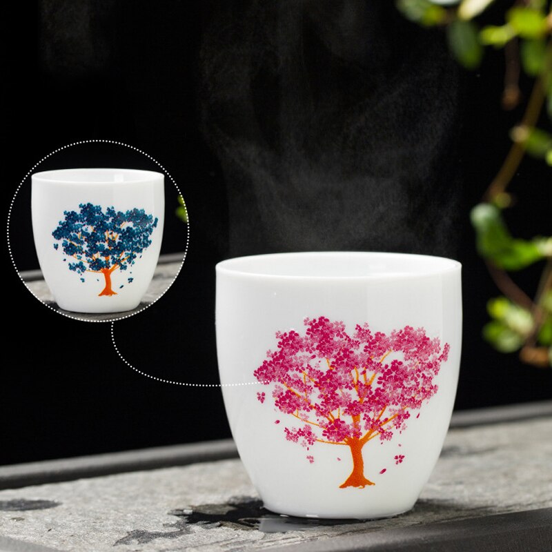 Japanese Magic Sakura Teacup Cold Temperature Discoloration Color Changing Tea Cup Flower Ceramic Kung Fu Tea Set