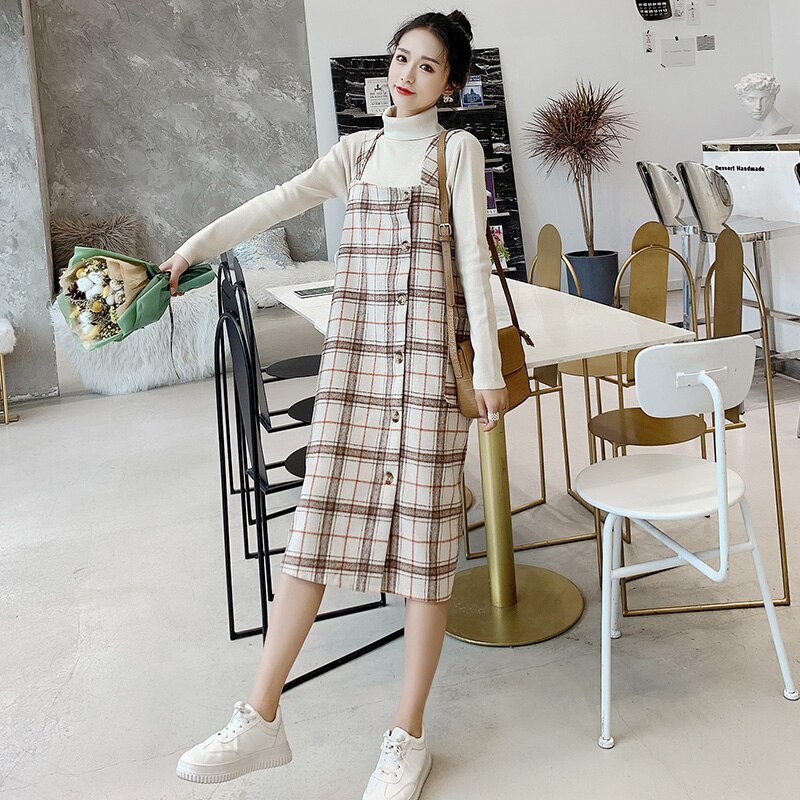 9445 # herbst Winter Mutterschaft Kleid Anzüge hoch Nacken Gestrickte Hemden + Plaid Panzer Kleid setzt Kleidung für Schwangere Frauen schwangerschaft
