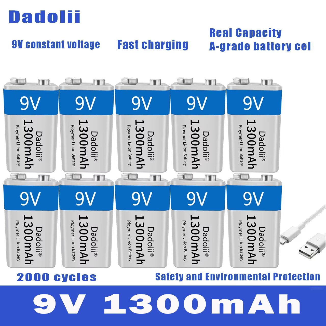 Wiederaufladbare 9V Li-Ion Batterie - 1300mAh - Micro USB - Ladegerät Set - Kompatibel mit Multimeter, Mikrofon, Spielzeug: Rosa