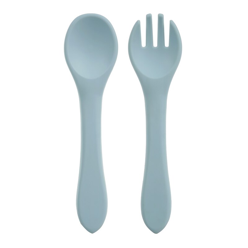 Cuchara de manija de madera silicona para alimentación de niños, utensilios para comer comida sólida, entrenamiento, capacidad de manipulación, vajilla: 007-pastel blue