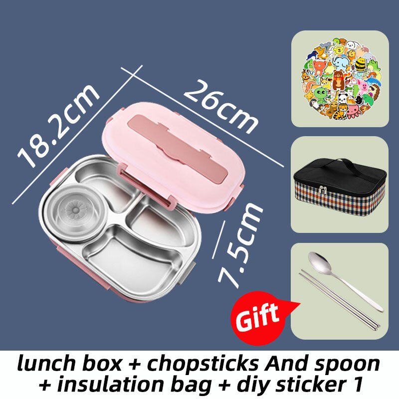 Lunch Box With Compartments Stainless Steel Insulated Tableware Bento Food Container Storage Meal Tray Lunchbox Thermos: Pink  Combination C