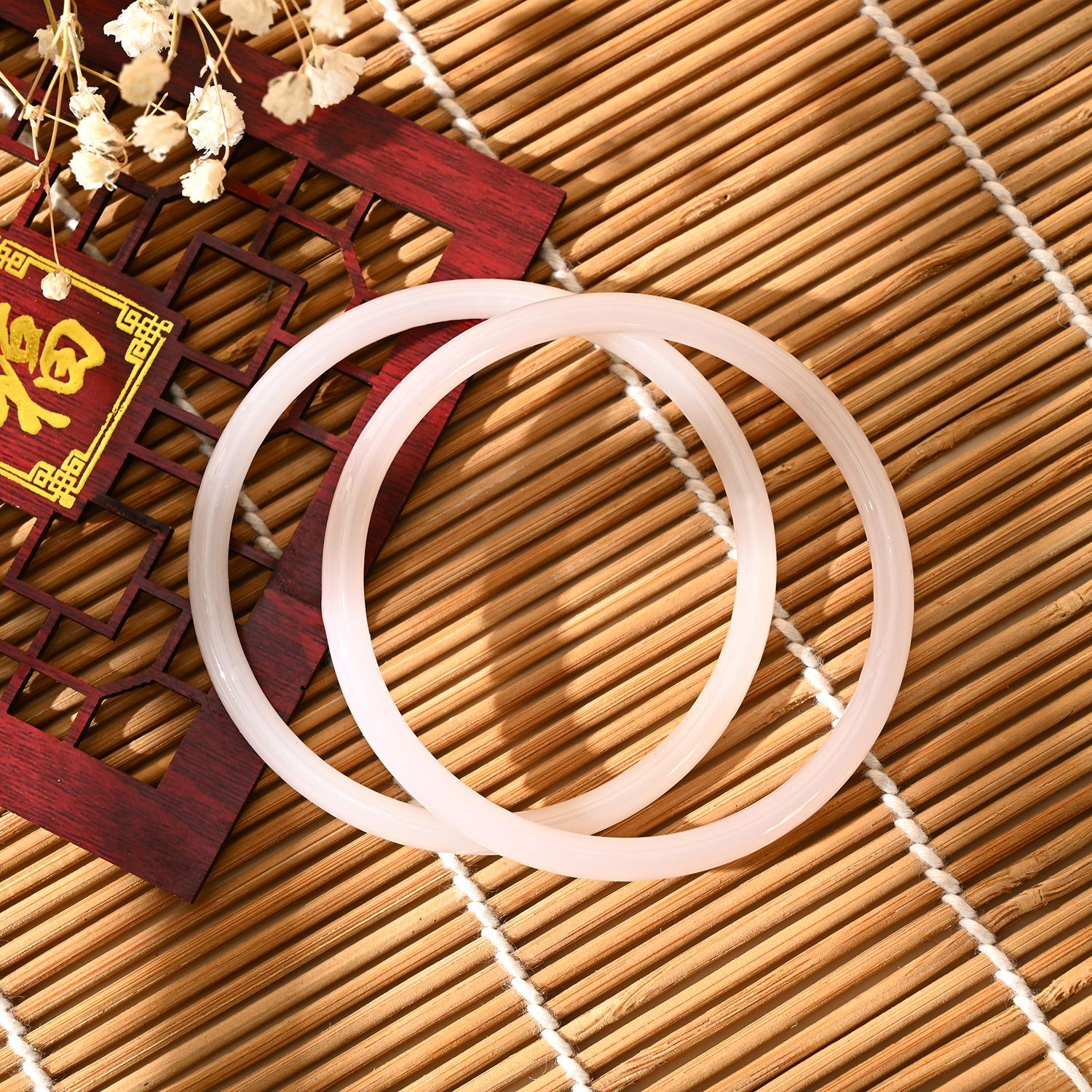 2Pcs/Set Glass Natural Jade Solid Color Jingle Bangles Retro Simple Bracelet Femme Women's Casual China Jewelry