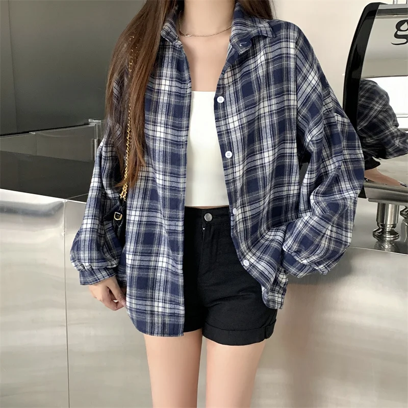 Camisa de flanela preta para mulheres, manga comprida, gola, botão, camisa xadrez tartan, jaqueta, adolescente, roupa casual diária: Cor raiz de lótus