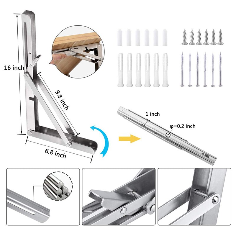 Folding Shelf Brackets, Heavy Duty Stainless Steel Foldable Wall Mount Shelf-Bracket, Suitable for DIY Various Space-Saving Work