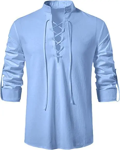 Novos Homens Decote Em V Camisa T-Shirt Moda Vintage Fino Top Manga Longa Homens Casual Respirável Viking Frente Lace Up Ho