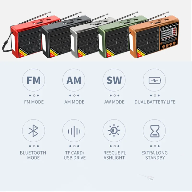 Bärbar fm/am/sw-radio med fullbandsmottagare, laddningsbar radio med 3.5mm jackar, tf/usb-musikspelare med lcd-skärm, led-ficklampa