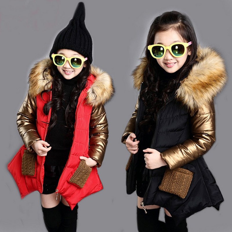 girls winter coat 4-13 years old children's down jacket hooded Fur collar Gold stitching sleeves Classic coat