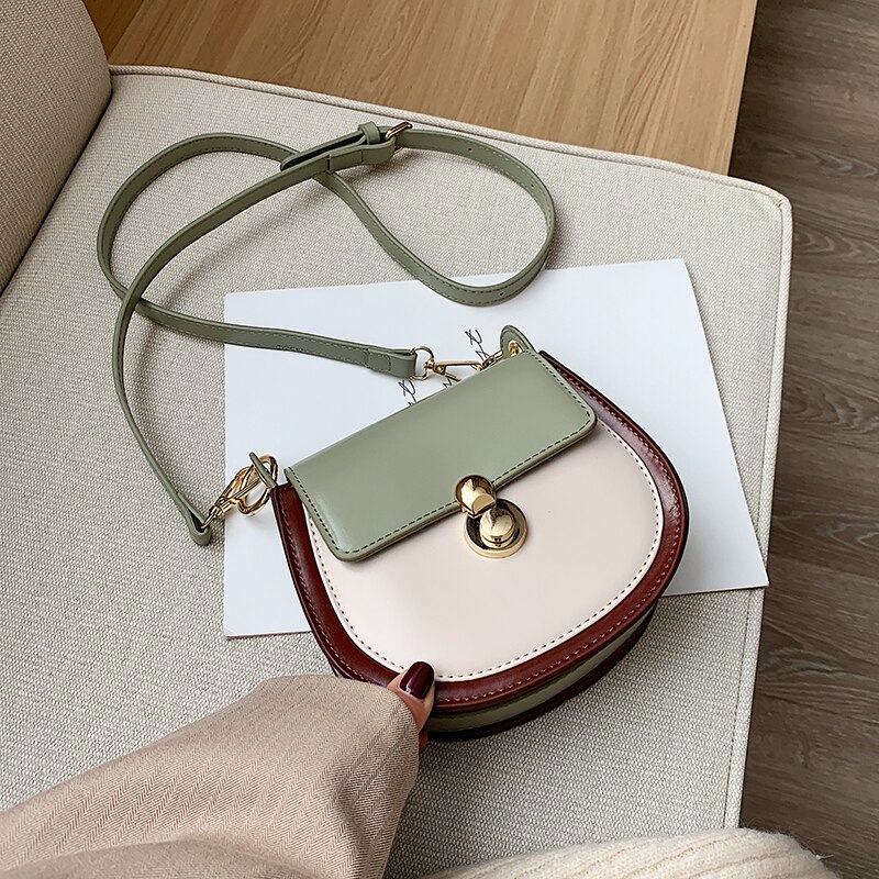 PU Leather Contrast color Crossbody Bags For Women Small Shoulder Bag Female Handbags and Purses travel bags: Green