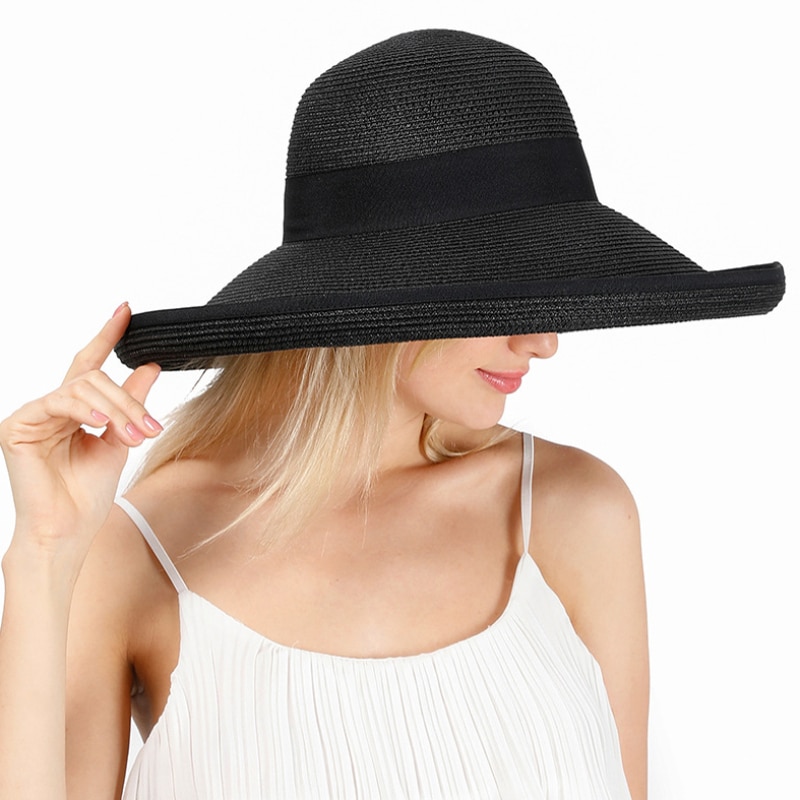 HT3085 Strand Hoed Grote Grote Brede Rand Hoed Dames Strand Cap Mode Stro Hoed Elegante Zwarte Strik Vrouwen zomer Zonnehoed