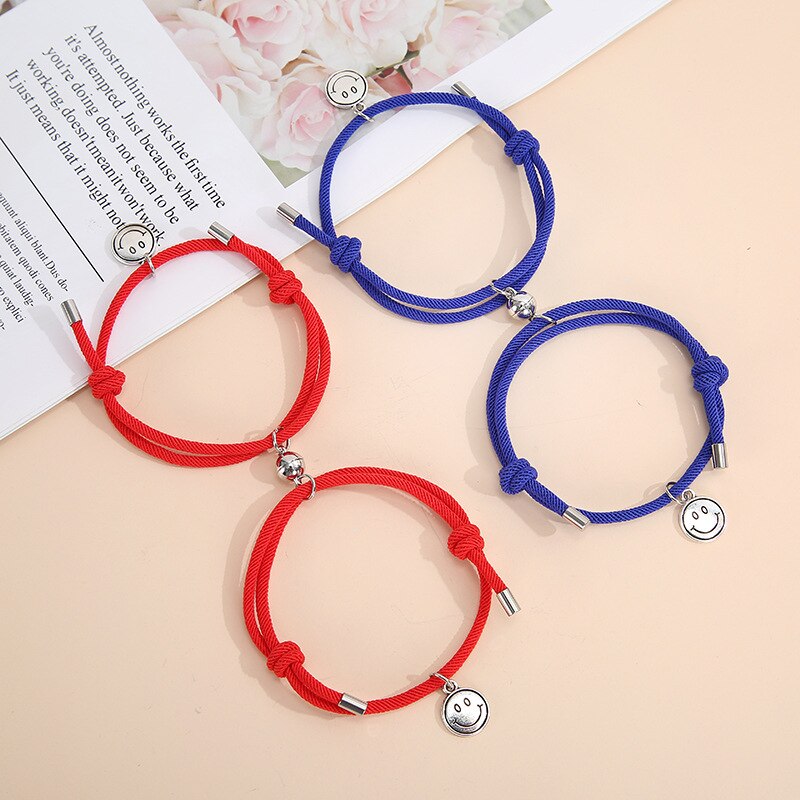 2 Pz/set Delle Coppie Della Lega di Attrazione Magnetica Sfera Creativa Bracciali Sorriso Pendente Fatti A Mano Tessuto di Amicizia Dei Braccialetti Dei Monili del Regalo