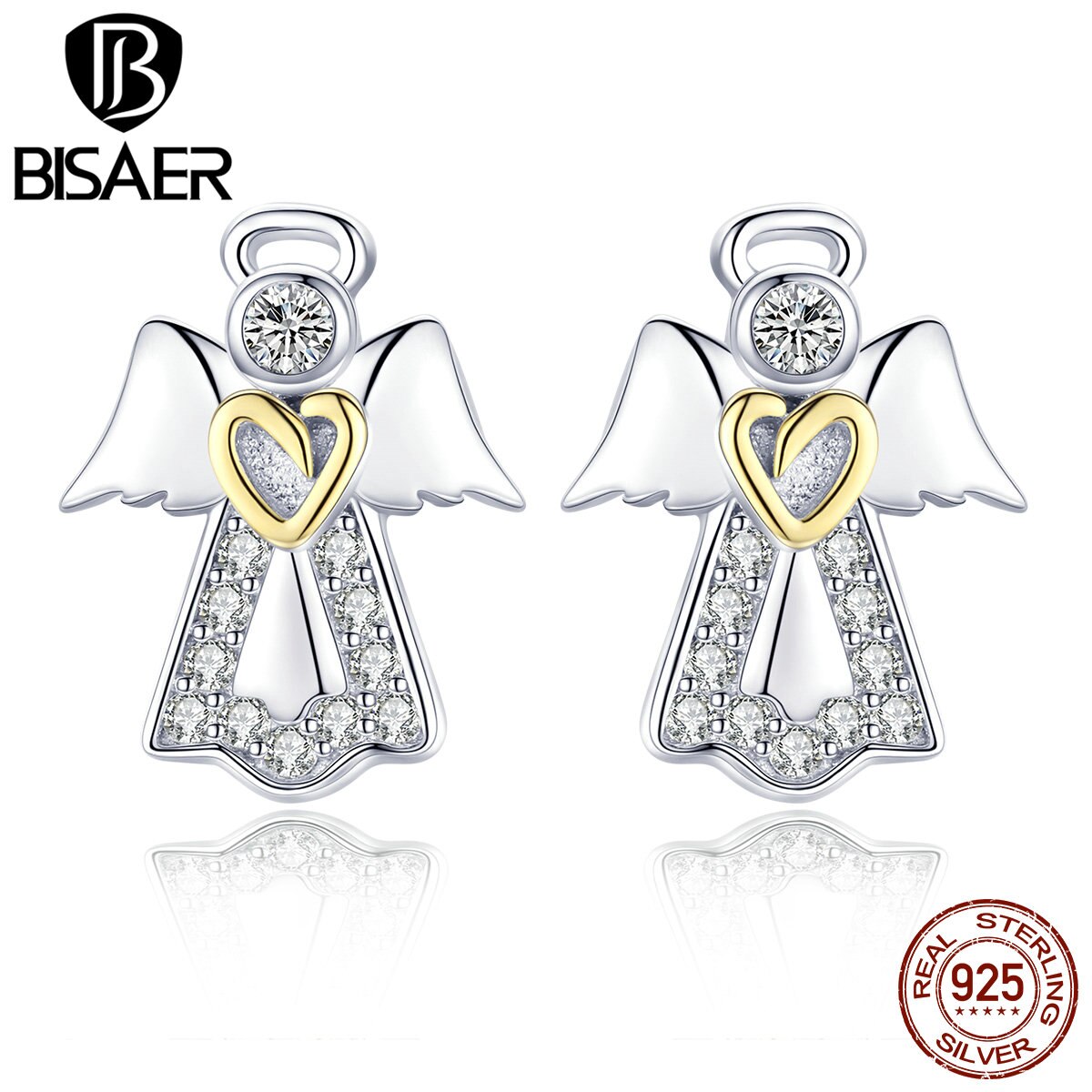 BISAER Glückliche Vormund 925 Sterling Silber Engel Flügel Stud Ohrringe für Frauen Zirkon Engel Ohrringe Stud Silber Schmuck ECE476