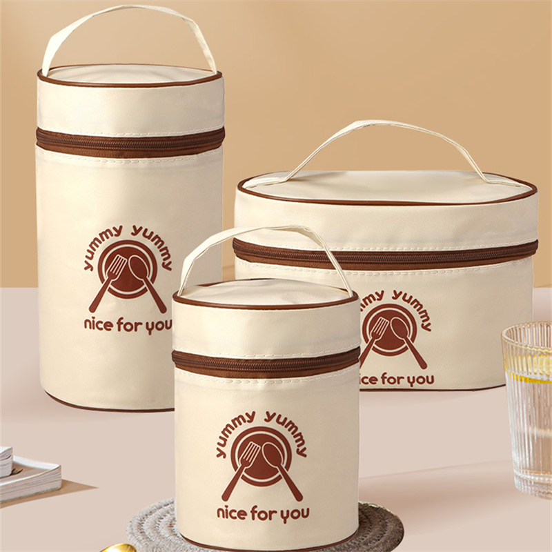 Portable Beige Thermal Lunch Box Bag Round Barrel Insulated Cooler Pouch Bento Food Storage Bags for Kids Meal Dinner Container