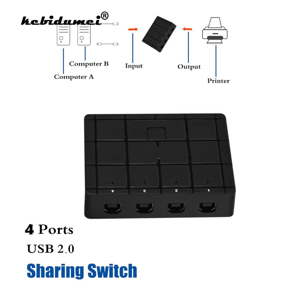 kebidumei USB 2.0 KVM Switch Box USB Switcher Kvm Switch Hub 2/4 Port PCs Sharing 4 Devices for Keyboard Mouse Printer Monitor