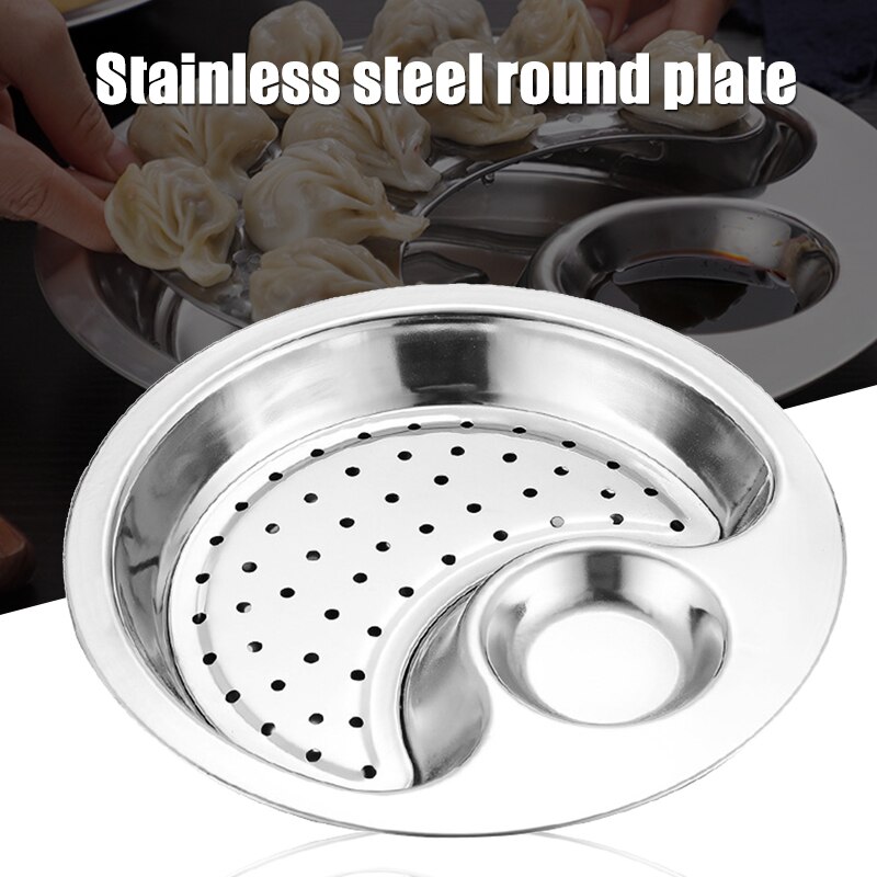 Rvs Dubbele Laag Knoedel Plaat Met Saus Lade Ronde Dishs Met Afneembare Afvoer Houder Keuken Supply 28Cm JS22: Default Title