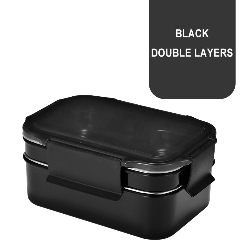 Guret tålig matlåda i rostfritt stål tvålagers matbehållare bärbar läckagesäker isolering barn student vuxen bento box: Svart