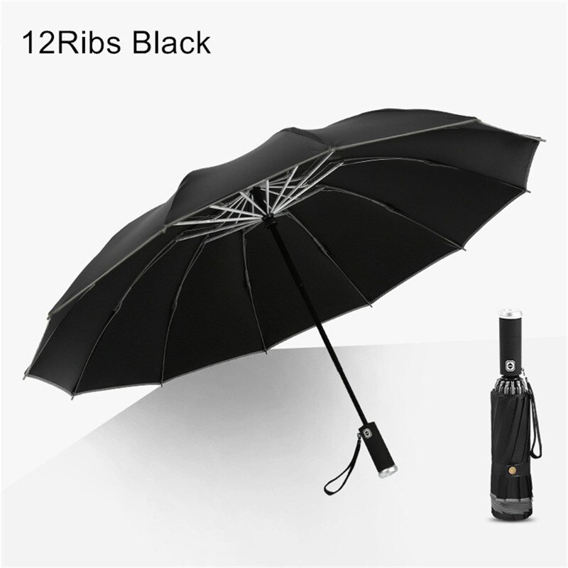 Automatic Reverse Umbrella Women 3 Fold Reflective Strip Umbrella Rain Men Parasol LED Light Windproof Parapluie Rain Gear EB5YS: 12ribs Black