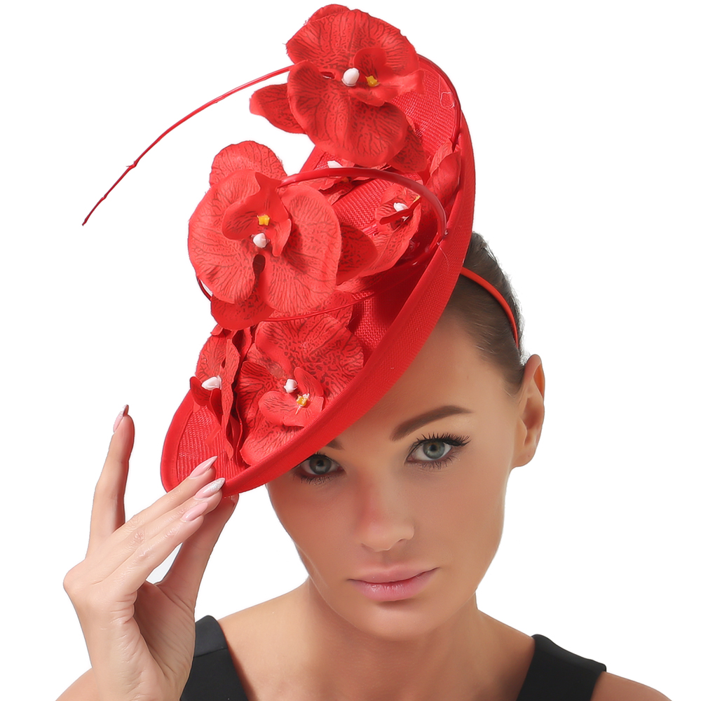 Mulheres Floral Decor Chapelaria Boné, Chá Fascinador Chapéu, Flor Extravagante Headwear, Bonito Headwear, Festa Derby, Elegante senhoras: Vermelho