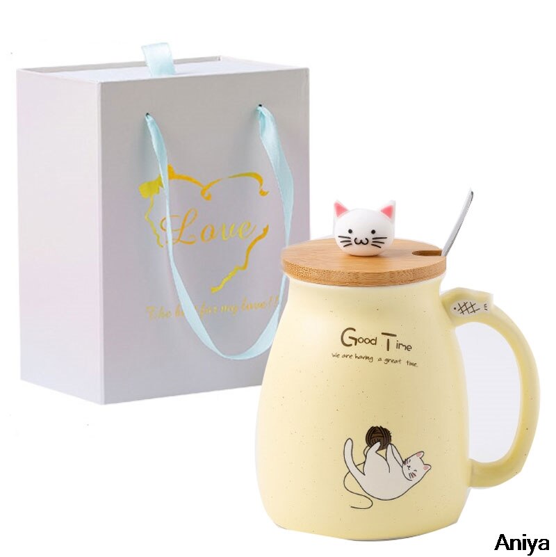 Cartoon Ceramics Cat Mug With Lid and Spoon Coffee Milk Tea Mugs Breakfast Cup Drinkware Heat-Resistant Mug Color: yellow with box