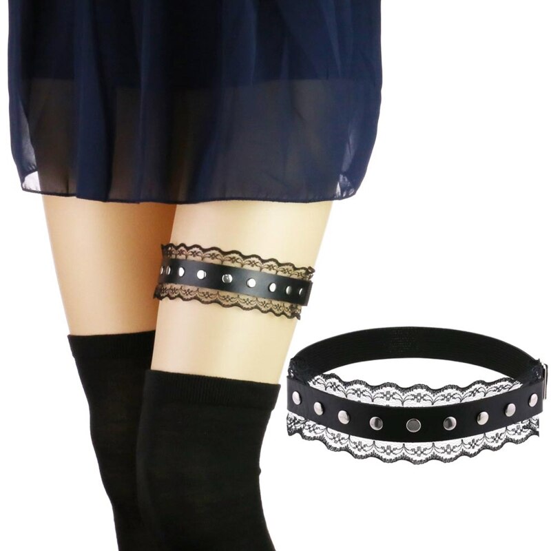 Harnais de jambe en Faux cuir pour femmes, dentelle festonnée, gothique Punk, jarretelles, ceinture cloutée, anneau de cuisse élastique réglable X4YC