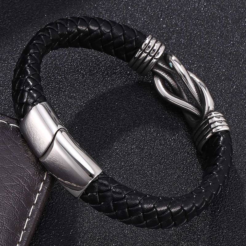 FORTAFY Leather Bracelets for Men Black Braided Bracelet Stainless Steel Clasp Wristband Male Jewelry FRPW803