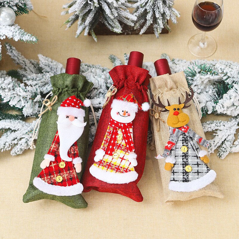 Jul vin flaska täcka väska tomte tecknad kjol docka säckväv vin flaska täcka jultillbehör