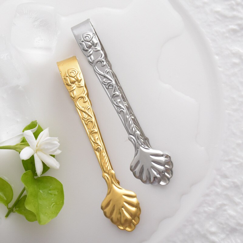 Silver och gyllene tång av rostfritt stål med präglad rosenblomma kök mini serveringstång för is socker 2 st tang