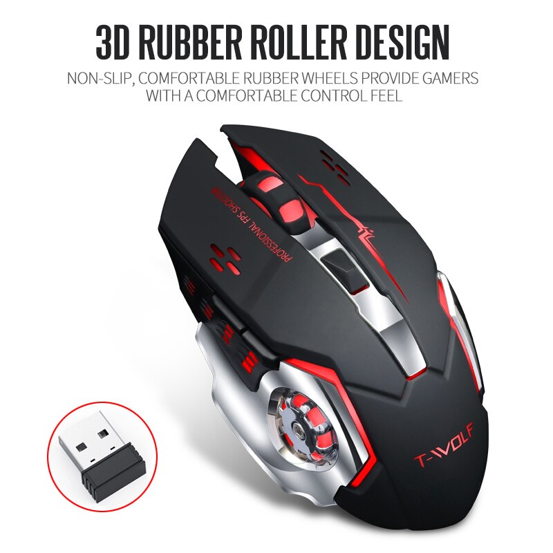Souris de jeu sans fil Rechargeable Q13, silencieuse et ergonomique, 6 touches, rétroéclairage rvb, T-WOLF DPI, pour ordinateur portable Pro Gamer, 2400