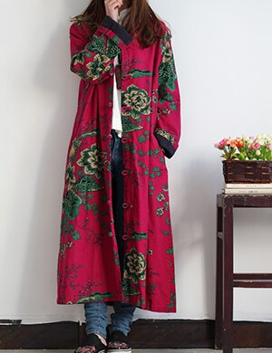 Vinter kvinder vintage broderi blomster trenchcoats kvindelige single breasted linned bomuldsfrakker: Rød