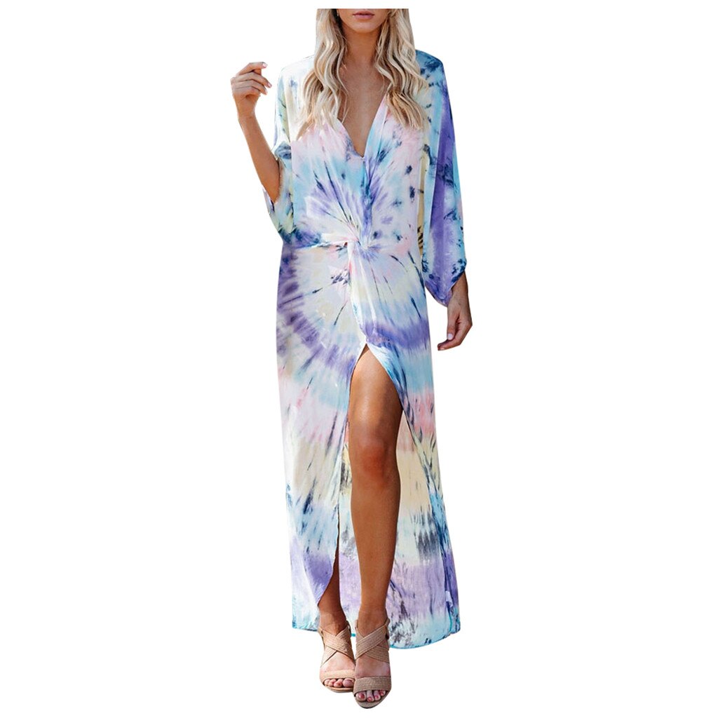 Vrouwen Tie-Dye Diepe Maxi Jurk Mode Vrouwen Casual Print Lange Stijl Jurk Cross Bohemian Losse Tennis Jurk: XXL