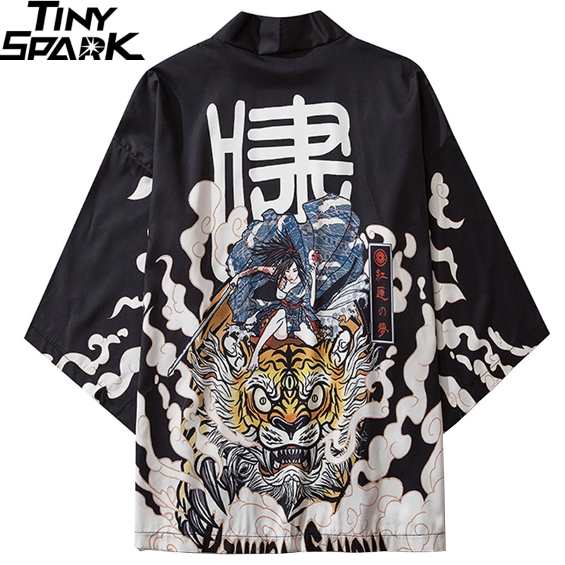 Chaqueta Kimono japonesa Tiger Samuri Harajuku Hip Hop para Hombres estilo japonés, ropa de calle, chaqueta de verano, ropa fina, Kimono Suelto