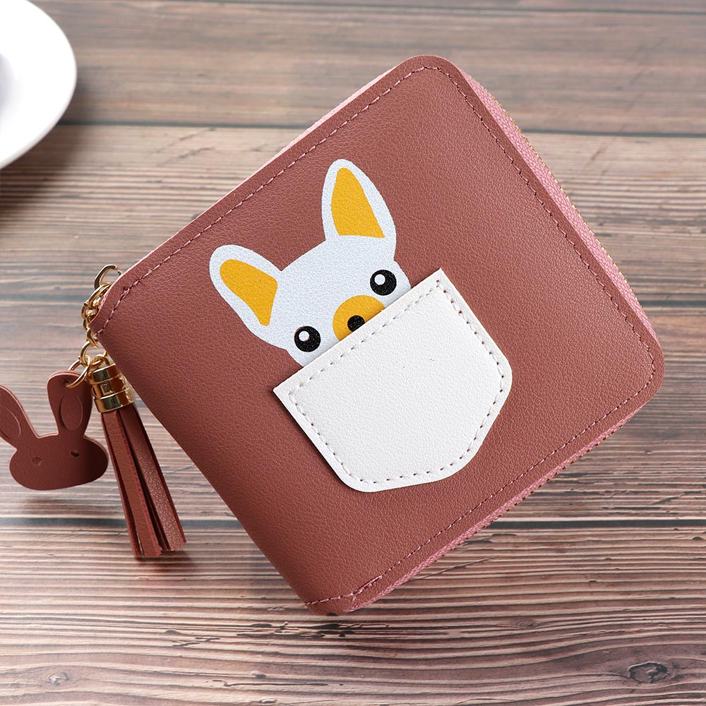 Korte kwastjes dames portemonnees schattige kleine portemonnee cartoon hond dier korte portemonnee met rits rond dames clutch kaarthouder: Donkerroze