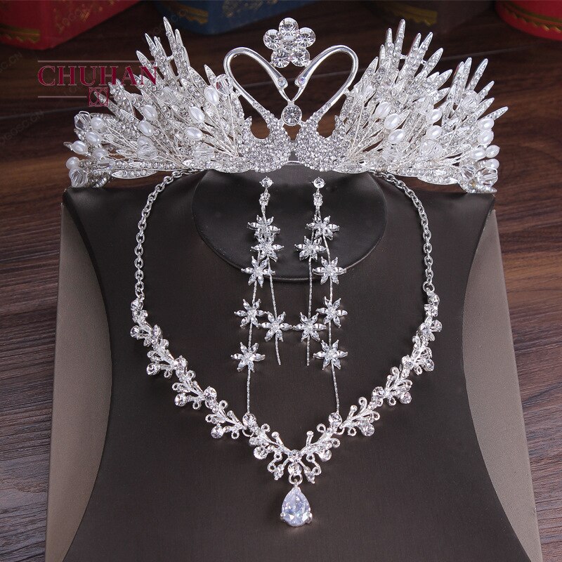 CHUHAN ensembles de bijoux de mariée coiffure accessoires de cheveux de mariage couronne collier boucles d'oreilles 3 pièces accessoires de mariage C357: Silver