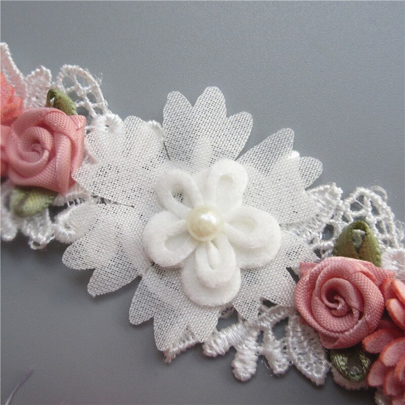 Oplosbare Wit en Roze Parel Rose Bloem Geborduurde Kant Trim Lint Stof Naaien Ambacht Voor Kostuum Hoed Schoenen Decoratie