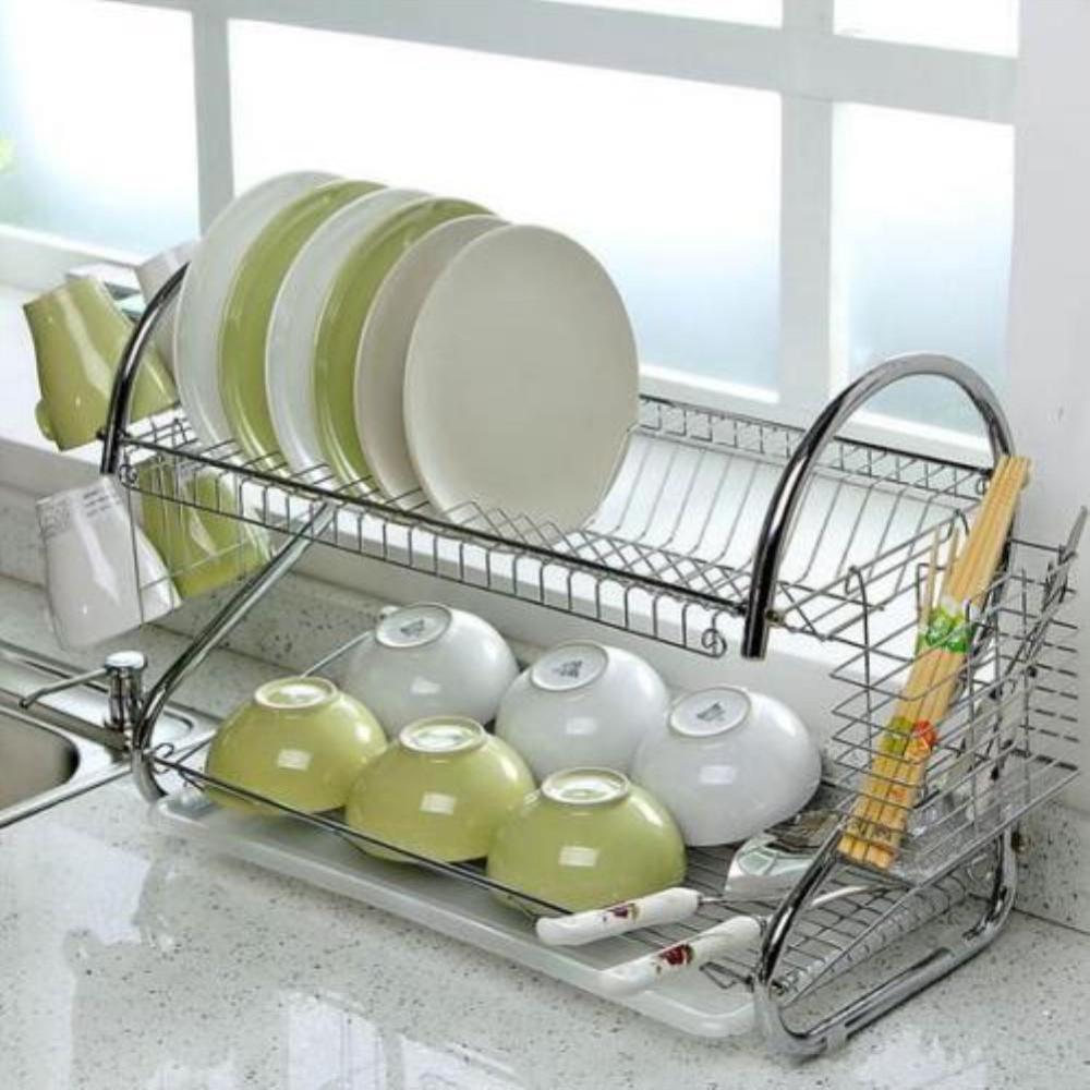 2-Layer Dish Drying Rack For Kitchenware Mug Holder Utensil Holder Dishes Rack Kitchen Storage Stainless Steel Kitchen Dish Rack